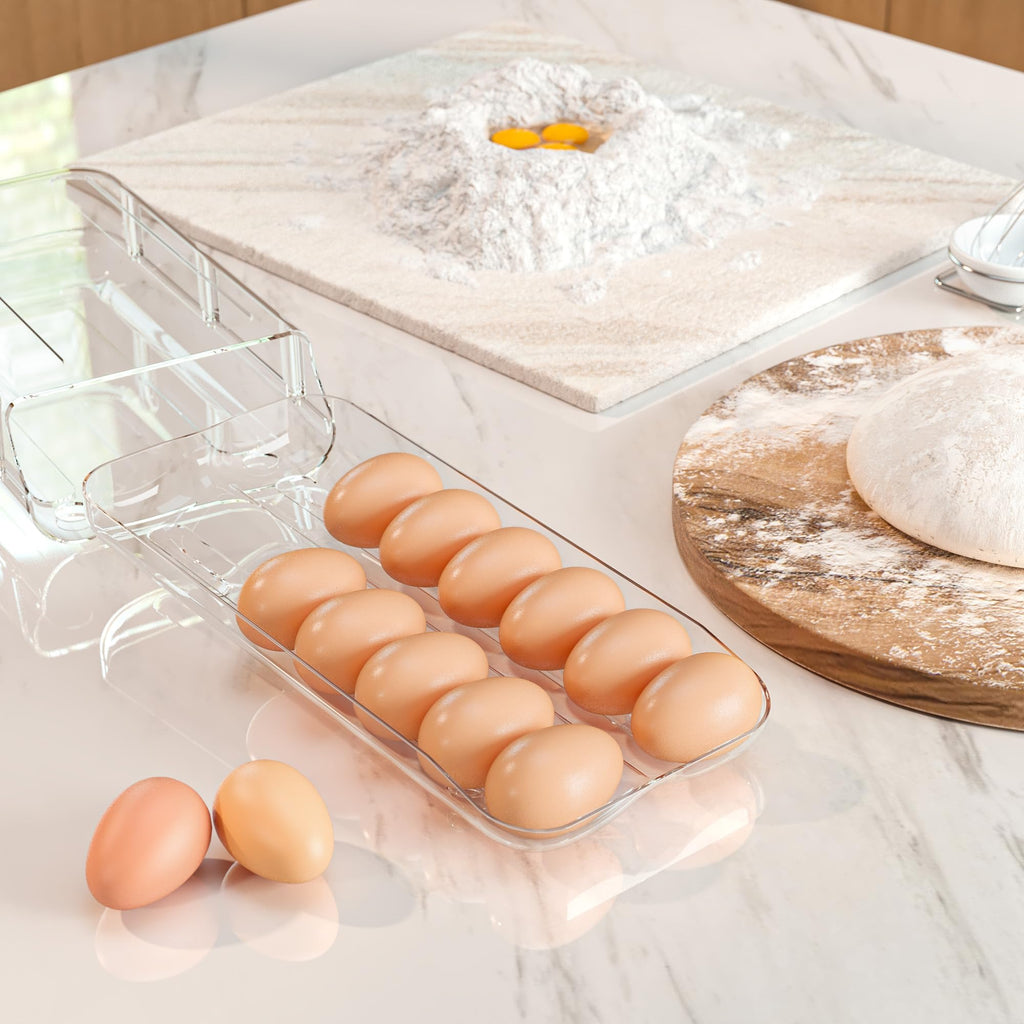 theaoo Egg Holder for Fridge, Automatic Rolling Egg Container for Refrigerator, Clear Plastic Egg Dispenser, Stackable Eggs Organizer with Quick Removable inner Tray For Organizers and Storage, 2 Pack
