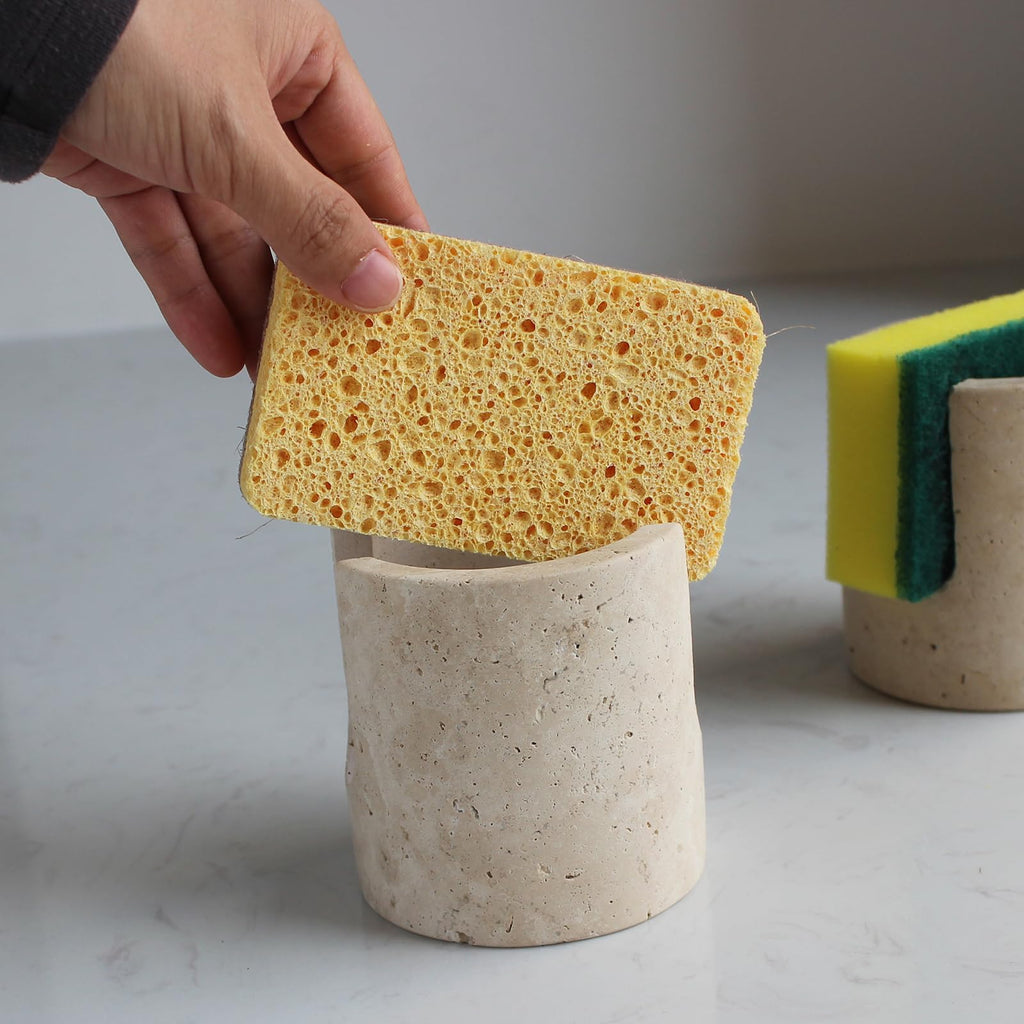 Natural Marble Sponge Holder for Kitchen Counter, Drying Rack, Sponge Caddy for Sink Organizer (Beige Travertine)