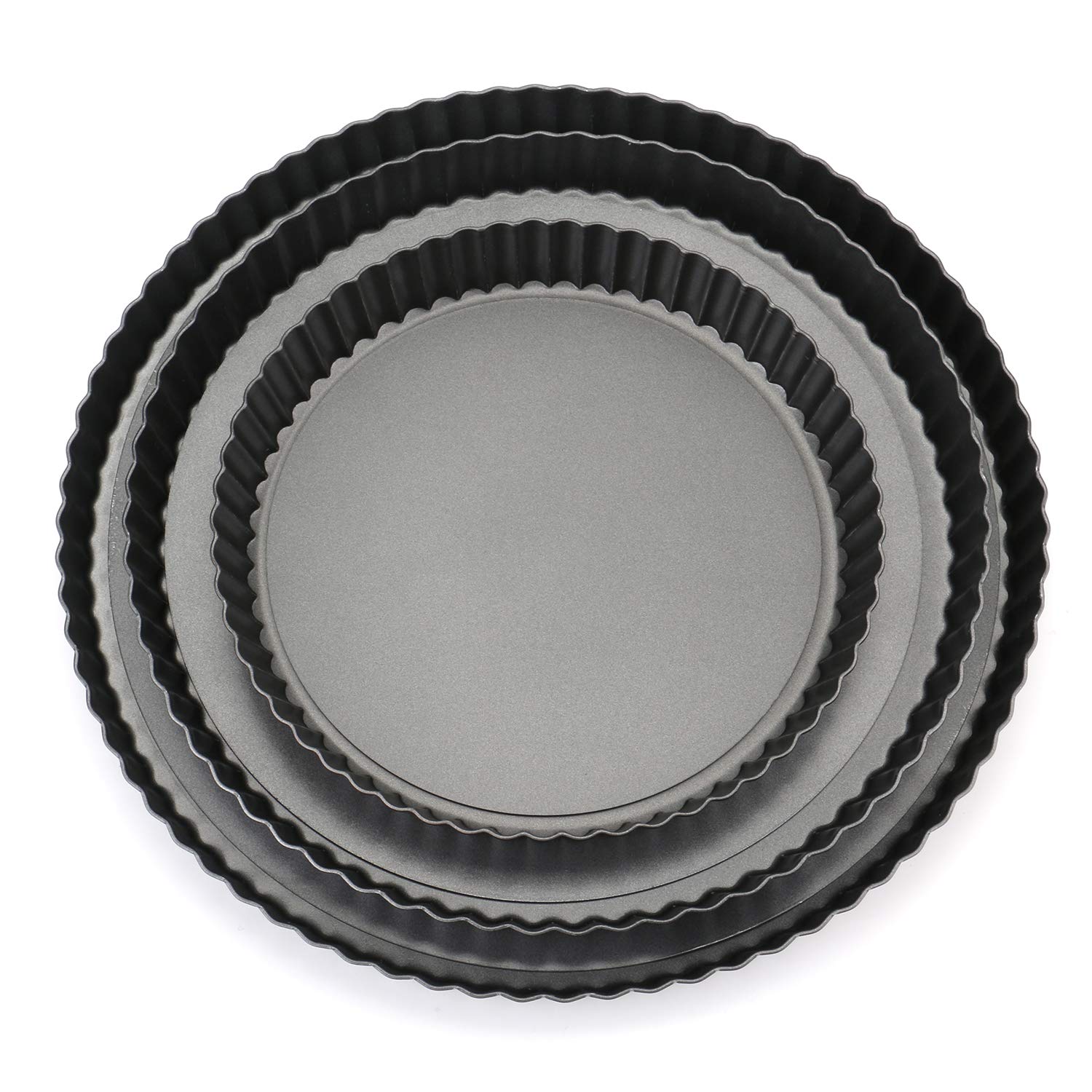 Tosnail Set of 3 Non-Stick Round Quiche Pan, 12 Inch, 10 Inch, 8 Inch Fruit Tart Pan, Fluted Pie Pan with Removable Bottoms