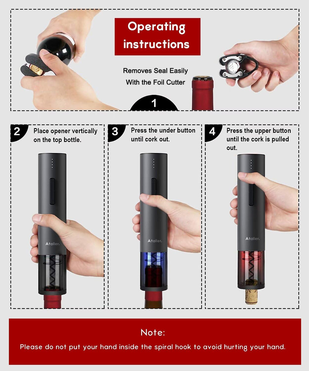 Ataller Rechargeable Electric Wine Bottle Openers, Cordless Automatic Wine Corkscrews Opener with Foil Cutter and USB Charging Cable, Black