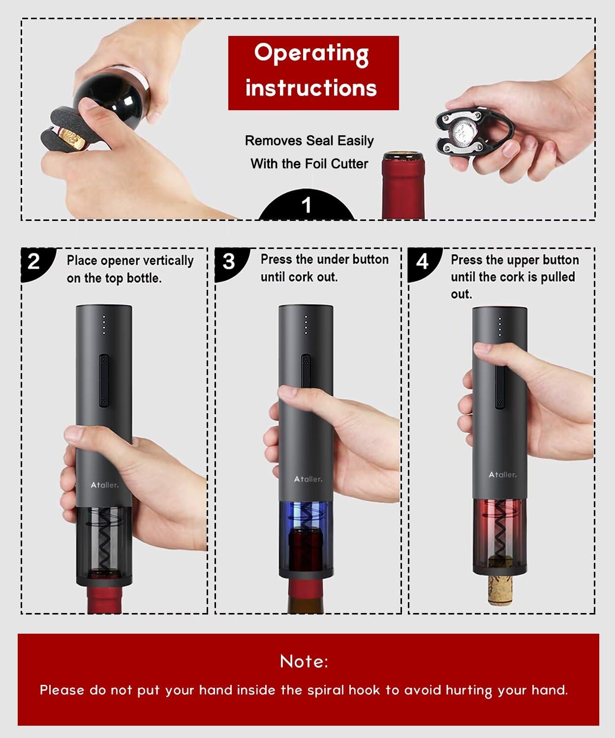 Ataller Rechargeable Electric Wine Bottle Openers, Cordless Automatic Wine Corkscrews Opener with Foil Cutter and USB Charging Cable, Black