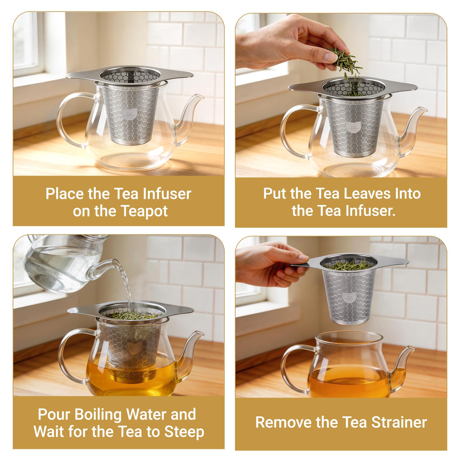 316 Stainless Steel Tea Infuser - 2 Pack, Extra Fine Mesh Strainer with Wide Rim Handles for Hanging on Teapots or Cups to Steep Loose Leaf Tea and Coffee