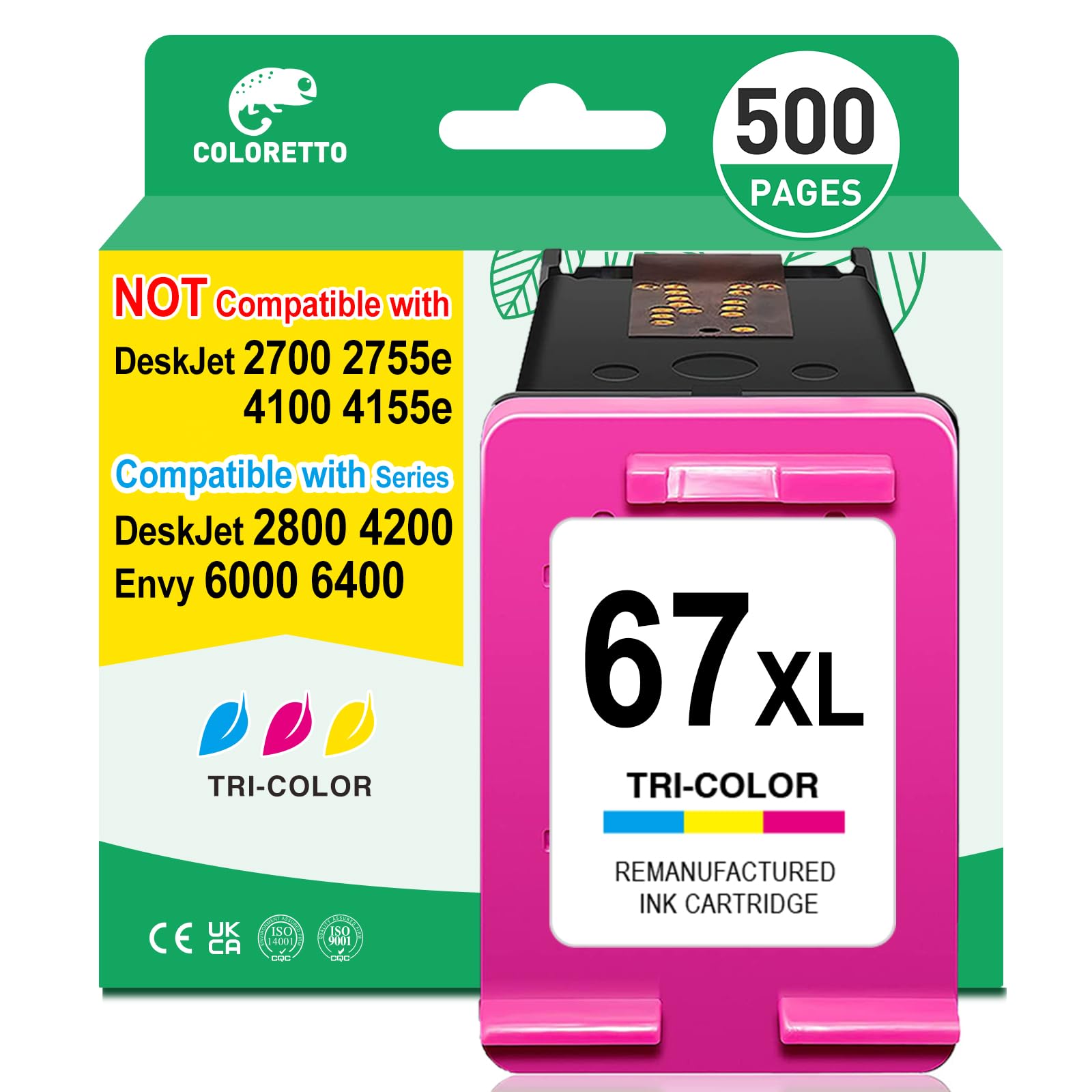 COLORETTO 67XL Color Ink Cartridge for HP Deskjet 2800e 2852e 2855e 2842e 2827e 4200e 4210e Envy 6000 6010e 6020e Printer Remanufactured Ink 67 XL hp67 XL 1-Pack