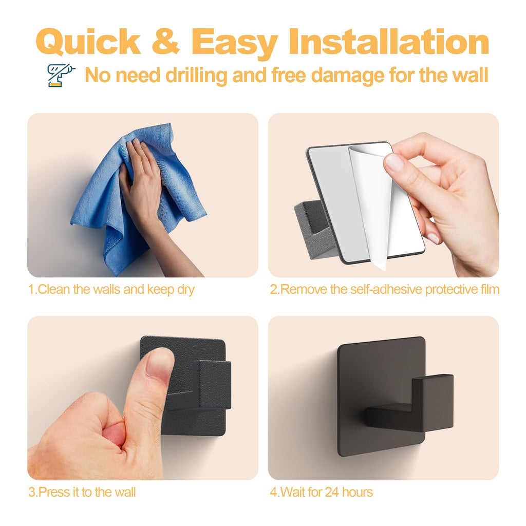 PMMASTO Black 4 Pack Self Adhesive Wall Hooks for Hanging, Stick On Wall Hanger Hook for Shower, Robe, Hat - Aluminium