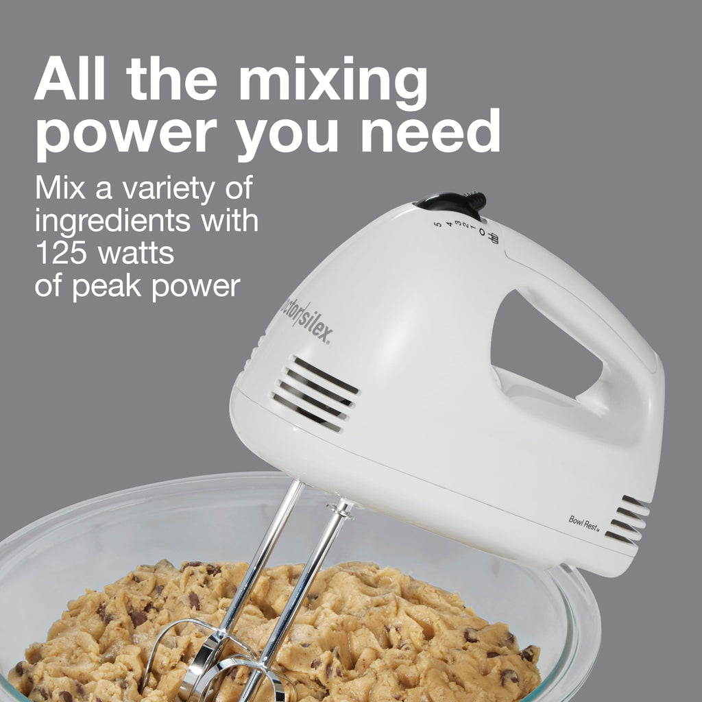 Proctor Silex Easy Mix 5-Speed Electric Hand Mixer with Bowl Rest, Compact and Lightweight, 100 Watts of Peak Power, White (62515G)