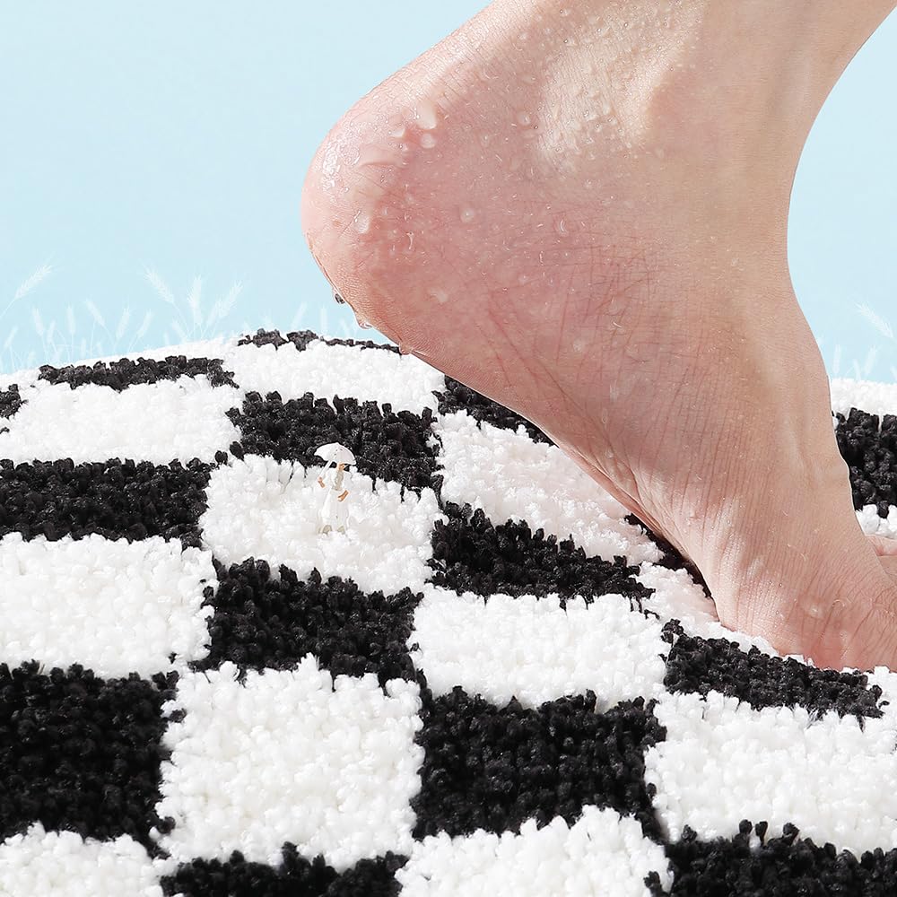 Ankah Bathroom Rug Black&White Checked Bath Mats, Non Slip Rubber Backing, Thick Soft Shaggy, Super Absorbent, Machine Washable, Bath Rugs Cute Bathroom Deocr, (Square 15.75"x 23.62")