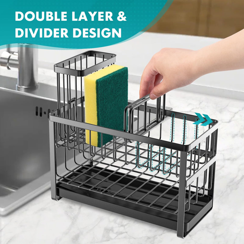 Sinnsally Kitchen Sponge Holder,2 Tier Sink Caddy Organizer with High Brush Holder,Stainless Steel Sink Box Dish Scrubber Holder,Soap Tray for Kitchen Counter Accessories & Storage Rack (Black)