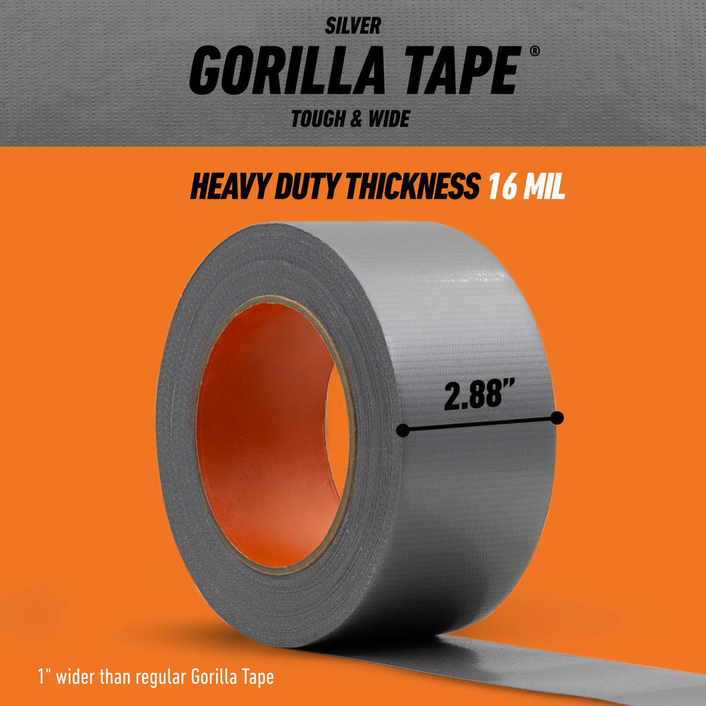 Gorilla Tough & Wide All Purpose Universal Duct Tape, Double-Thick Adhesive, All Weather Resistant Shell, Reinforced Backing, Silver, 2.88 in x 25 yd