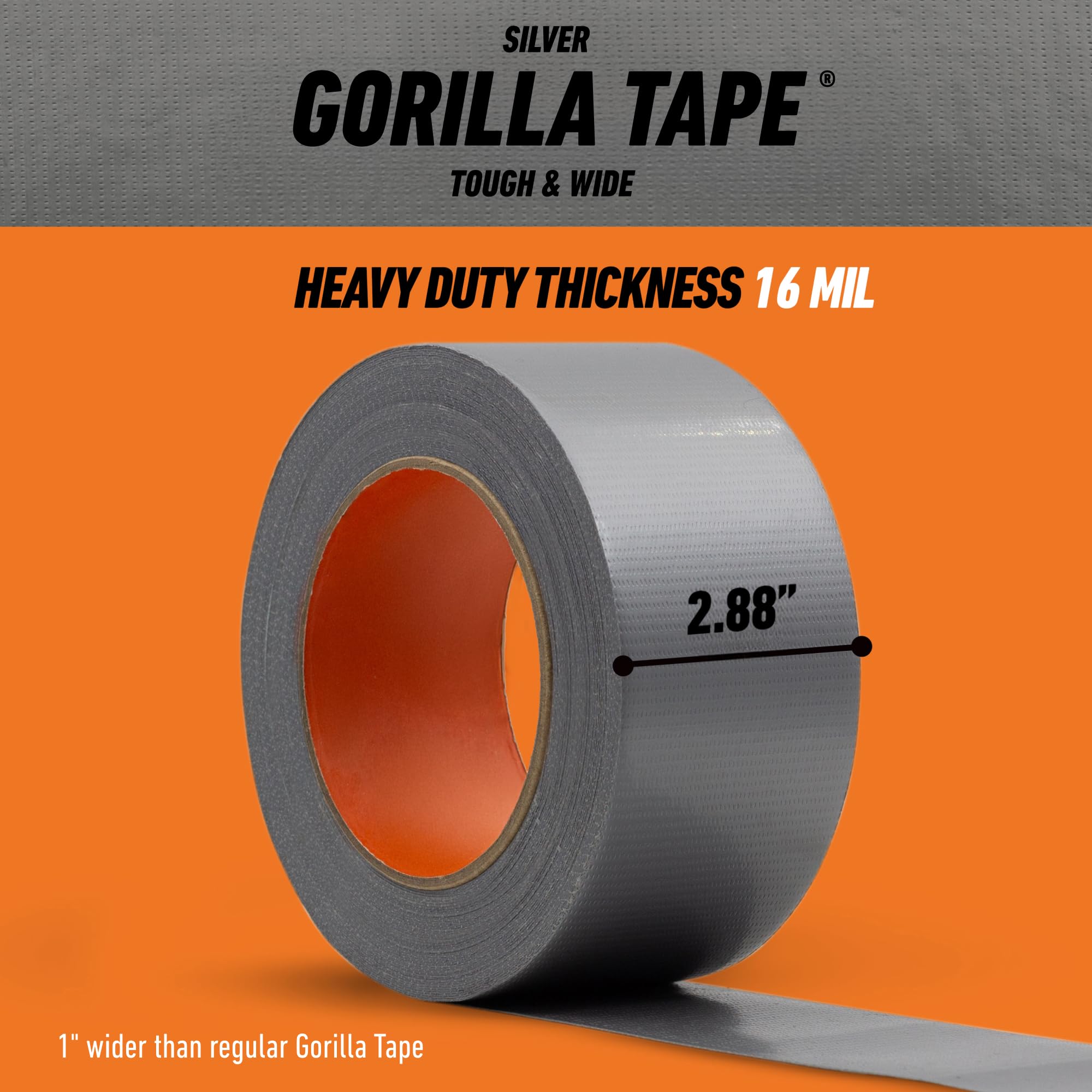 Gorilla Tough & Wide All Purpose Universal Duct Tape, Double-Thick Adhesive, All Weather Resistant Shell, Reinforced Backing, Silver, 2.88 in x 25 yd