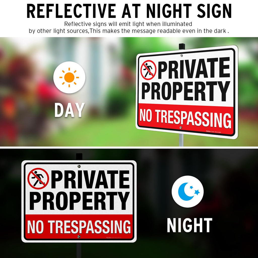 Faittoo No Trespassing Sign Private Property with 36" Stake for Outside, 14"x10" Rust Free Heavy Aluminum, Reflective, Fade Resistant, 2 pre-drilled holes, Includes Matching Screws & Wrench