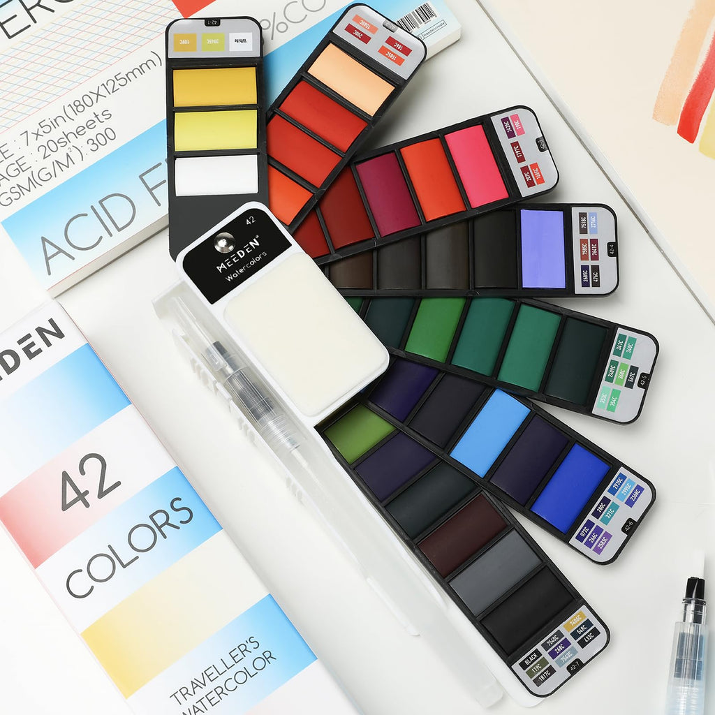 MEEDEN Travel Watercolour Paint Set: Portable 42 Assorted Water Colours Paint Kit with 4 Brushes