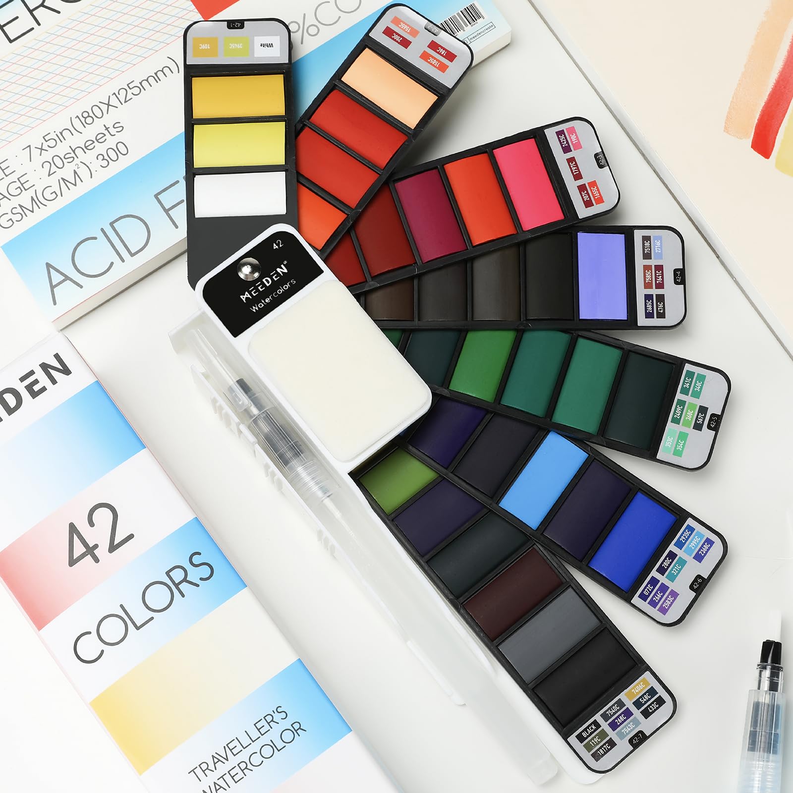 MEEDEN Travel Watercolour Paint Set: Portable 42 Assorted Water Colours Paint Kit with 4 Brushes