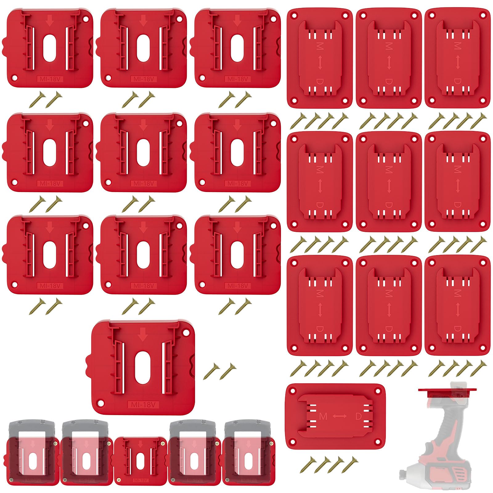 20 Pack Wall Mount Battery Holders and Tool Hangers for Milwaukee 18V Power Tools, 10 Pack Battery Mounts Dock Rack Fit for 18V Batteries, 10 Pack Drill Tool Storage Holder(w/60 Screws)