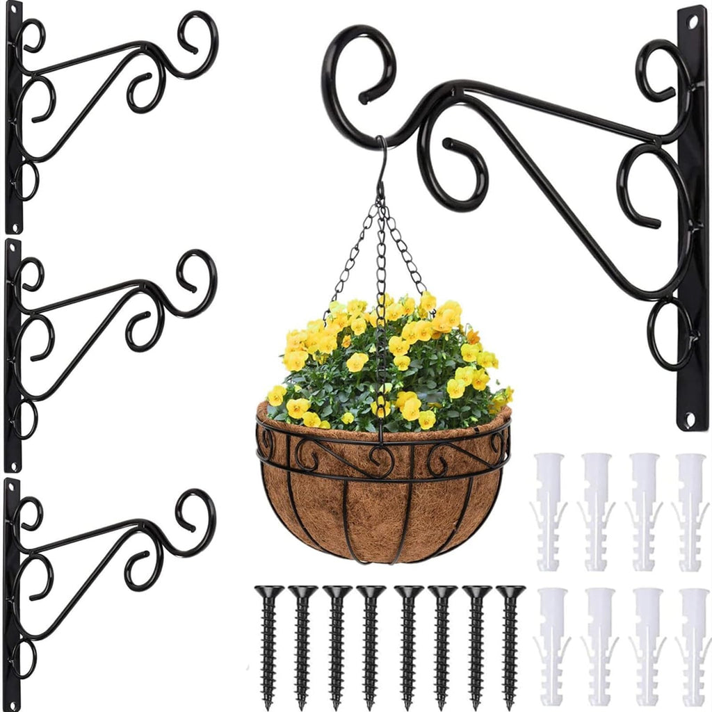4 Pack Plant Hanging Hooks for Wall, Black Metal Iron Brackets, Decorative Indoor & Outdoor Garden Tree Fence Rack, Flower Pot Hangers for Potted Plants, Bird Feeder, Lantern, Wind Chime, Solar Lights