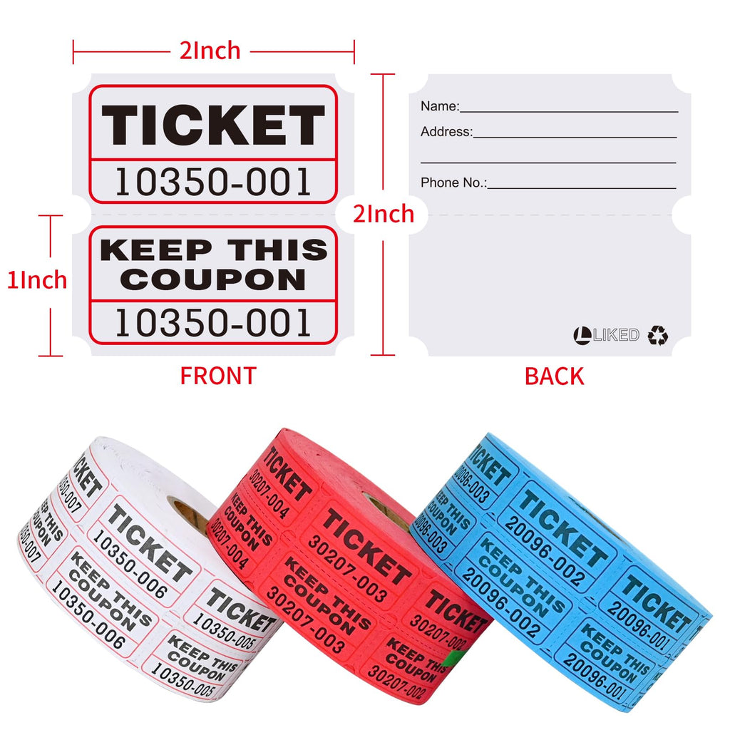 L LIKED Raffle Tickets with Consecutive Serial Numbers, 3 Rolls of 1000, 50/50 Raffle Tickets Double Roll for Events, Entry, Class Reward & Prizes (Red+Blue+White)
