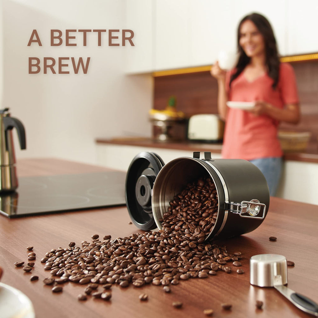 Coffee Canister Airtight Coffee Container - Stainless Steel Coffee Storage for Beans, Grounds, Tea, Sugar - Coffee Containers with Date Tracker, Scoop, CO2 Valve Filters, Medium Coffee Jar 16oz, Black