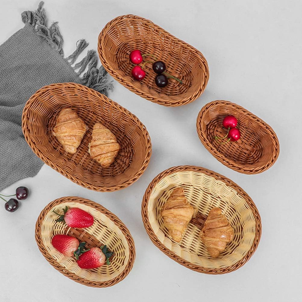 Yarlung 3 Pack Woven Breads Baskets, Oval Small Fruit Baskets Stackable Plastic Wicker Baskets for Serving Vegetables, Kitchen, Restaurant, Outdoor, Imitation Rattan Brown, 3 Sizes