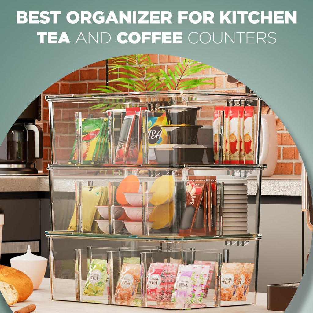 Kichly 3 Pack Tea Bag Organizer - Stackable Acrylic Tea Bag Organizer with Clear Plastic Storage for Kitchen & Pantry, Perfect for Coffee Packets, Sugar, Snacks, Herbs, and Spices (Clear)