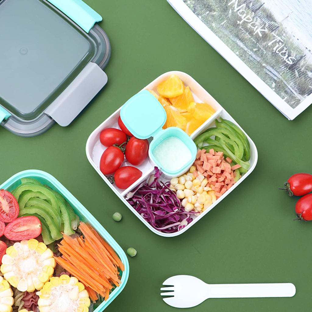 YOUEON 3 Pack Salad Lunch Container to Go with 3 Compartment Tray, 52 Oz Bento Lunch Box with Spoon, Dressing Cup, Portable Salad Container for Lunch, Salad Toppings, Snacks, Fruit, Three Colors