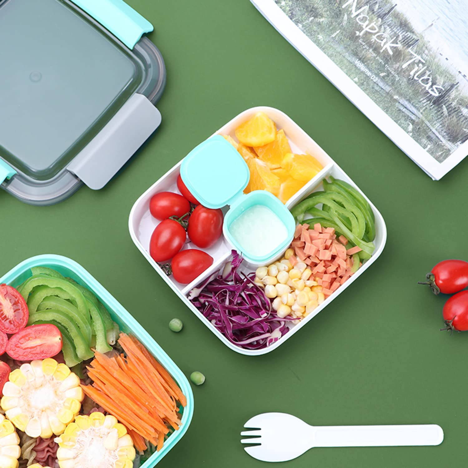YOUEON 3 Pack Salad Lunch Container to Go with 3 Compartment Tray, 52 Oz Bento Lunch Box with Spoon, Dressing Cup, Portable Salad Container for Lunch, Salad Toppings, Snacks, Fruit, Three Colors
