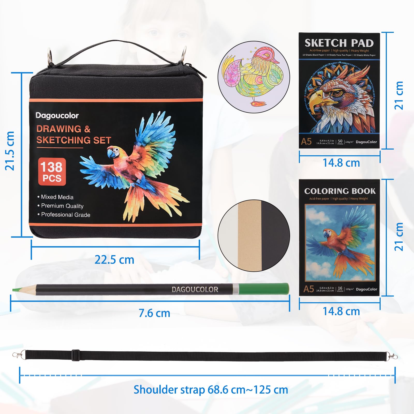 DagouColor Drawing Pencils in Shoulder Bag, 136 Colored Pencils Drawing Kit, Sketching Set with 3-Color Sketchbook, Coloring Book, Art Supplies for Artists Beginners Professionals Drawing Media