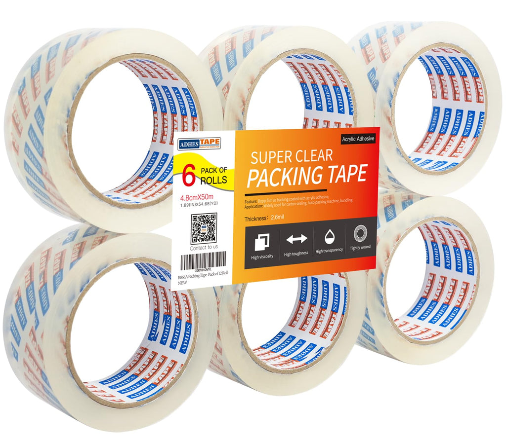 ADHES Heavy Duty Packing Tape Clear Packaging Tape for Moving Shipping Boxes, Box Tape Rolls Refills, Total Length of 300M with 4.8cm Width,2.6Mil Thickness