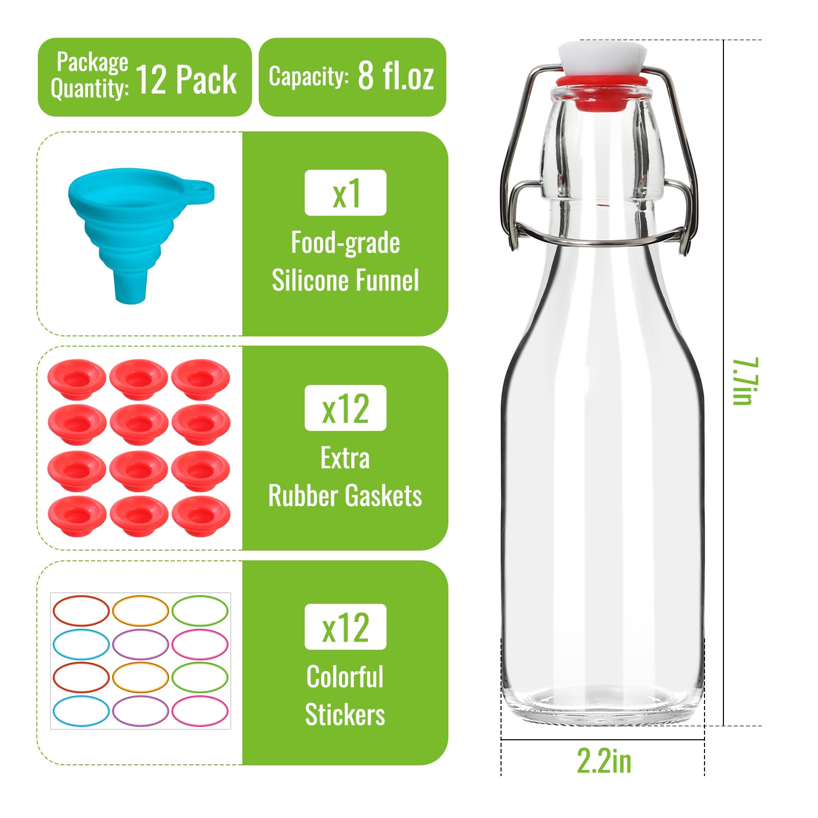 EkkoVla 12 Pack 8 oz Swing Top Glass Bottles, Flip Top Brewing Bottles with Airtight Rubber Seal Flip Caps for Kombucha, Beverages, Oil, Beer, Kefir, Vinegar, Wine