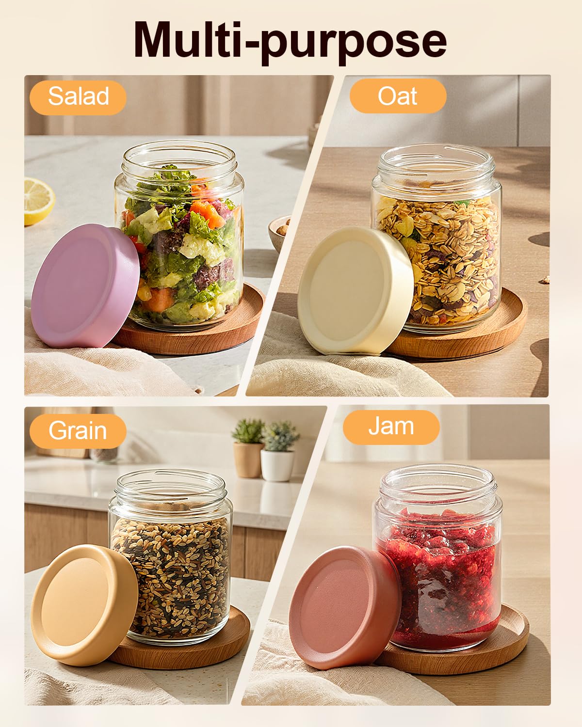 Overnight Oats Jars, 4 Pieces of 500ml/16oz Overnight Oatmeal Container with Lid by Pitch Pulse, Homemade Yogurt Oatmeal Salad Jam Pudding Storage Container