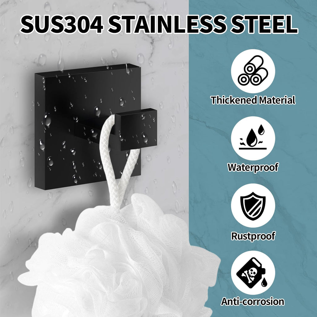 Menbyci 4 Pack Bathroom Towel Hooks, Screw-in Square Matte Black Wall Hooks Robe Hook, Anti-Rust SUS304 Stainless Steel Heavy-Duty Door Hanger Coat Hook, Sturdy for Bathroom/Bedroom/Kitchen/Hotel