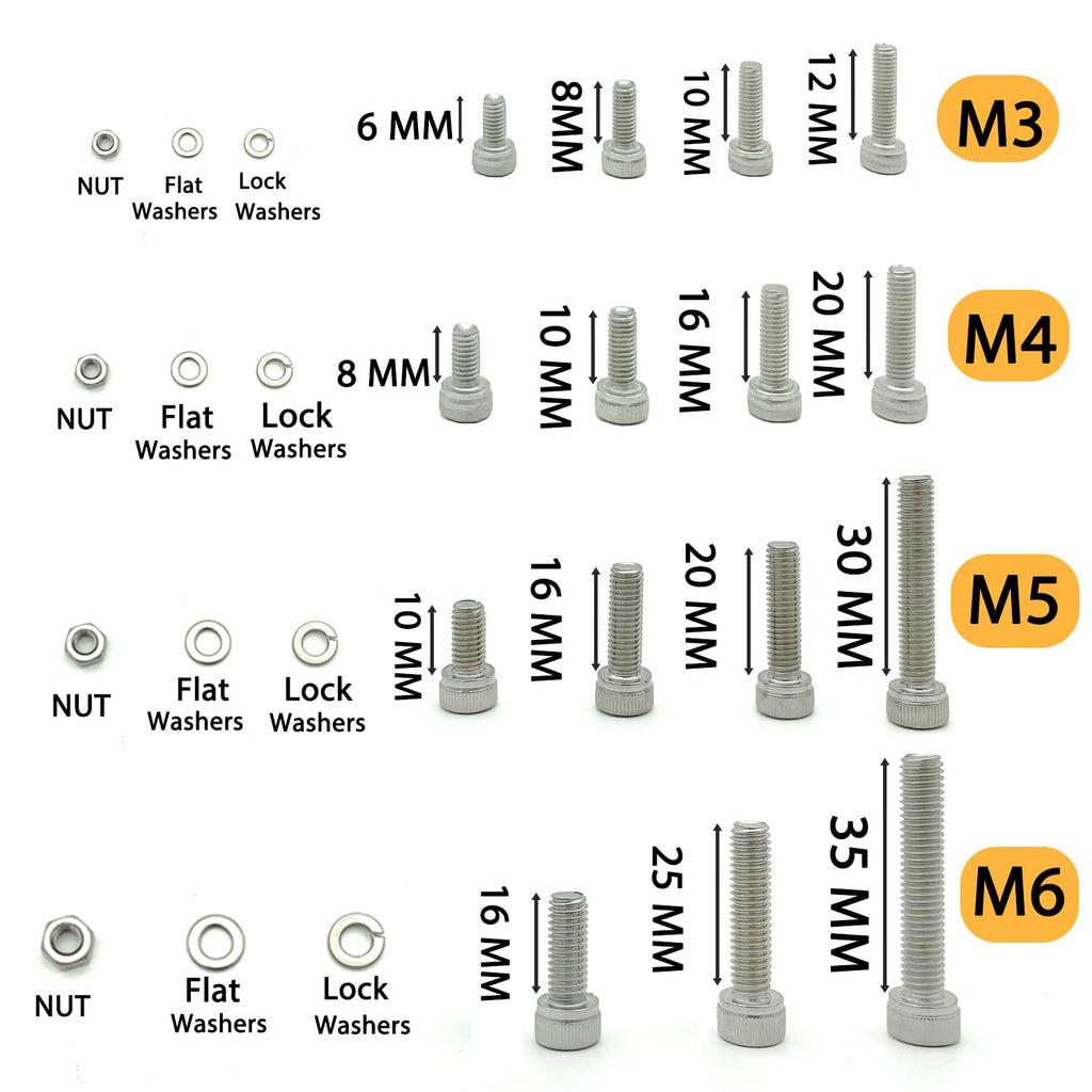 HVAKHVA 1160 pcs M3/M4/M5/M6 Metric Hex Head Socket Cap Bolt & Nut Assortment, 304 Stainless Steel Machine Screws with Flat & Lock Washers,Length 6 to 35 mm