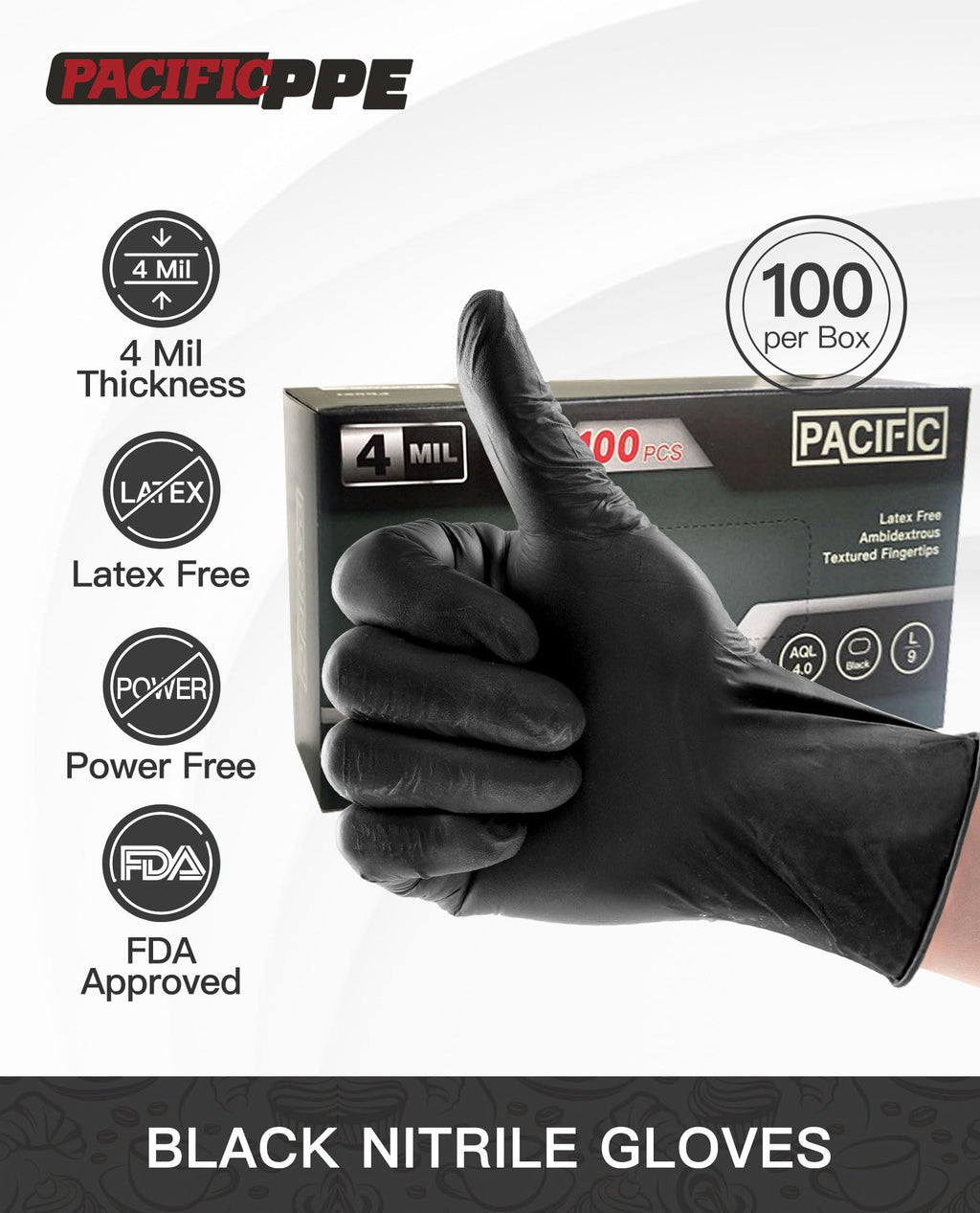 PACIFIC PPE 4 mil Black Nitrile Disposable Gloves, Food-Safe, Latex-Free, Cleaning, Cooking Gloves, Medium