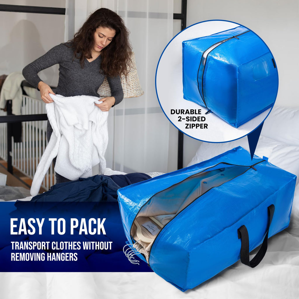 TAILI Heavy Duty Moving Bags, Cloth Storage Extra Large Tote Bag Container with Sturdy Zipper and Strong Handles, Blue, 4 Pack