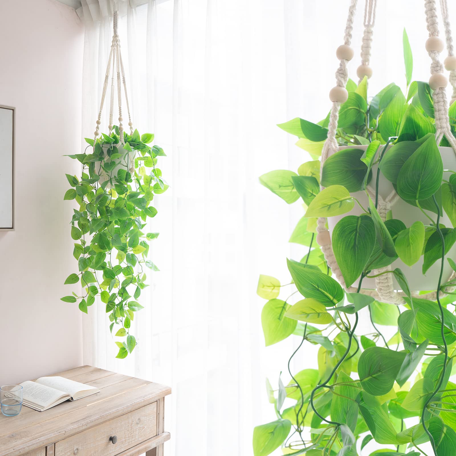 Mkono 3 Pack Macrame Plant Hangers Indoor Different Size Hanging Planter Basket Flower Pot Holder with Beads No Tassels 35"/29"/23", Medium, Ivory