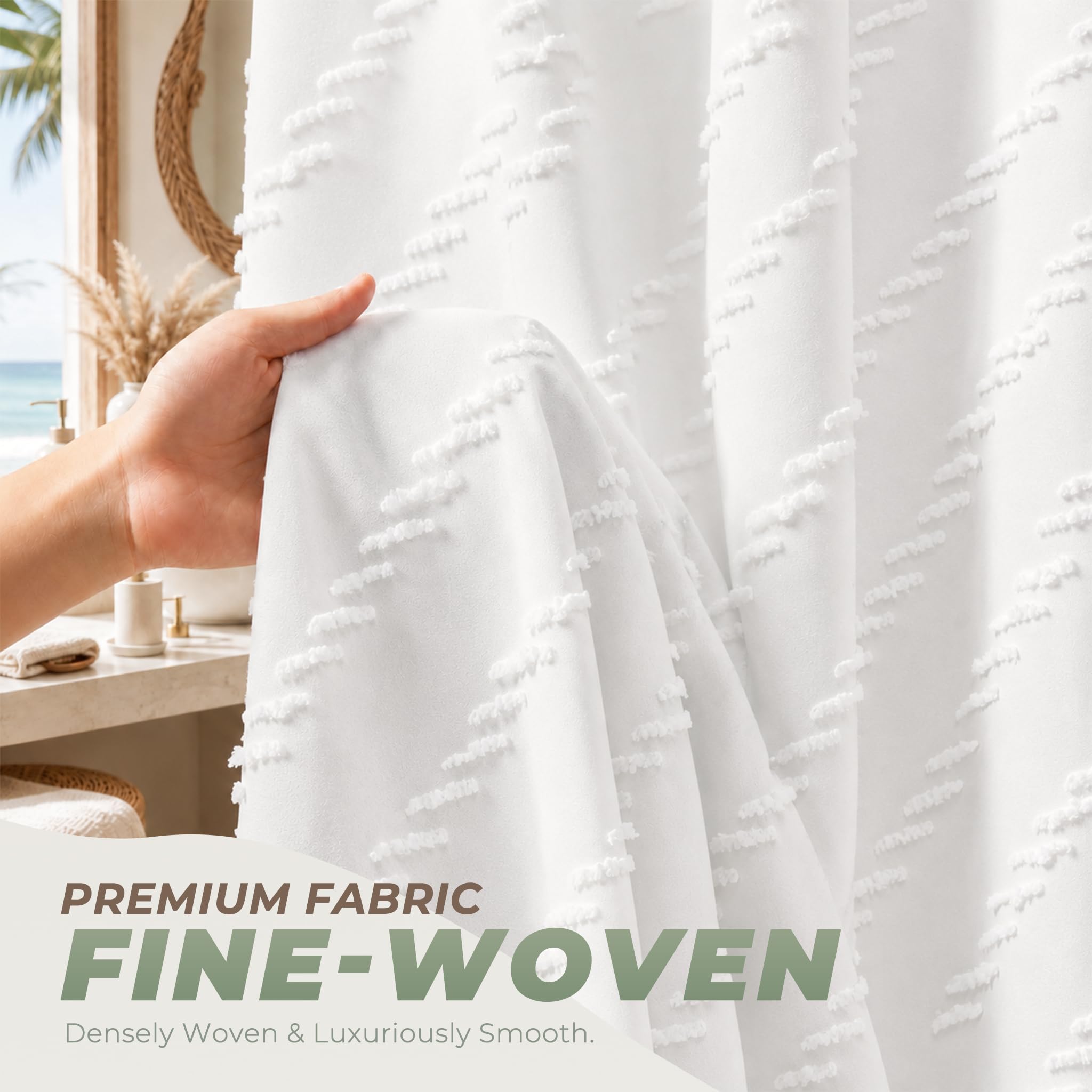 White Boho Fabric Shower Curtain 72 x 72 Inches, Modern Shabby Chic Textured Tufted Chevron Striped Minimalist Cloth Bathroom Shower Curtain