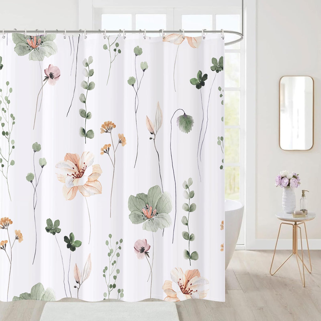 XZTXBest Boho Shower Curtain, Sage Green Beige Flower Bath Curtain for Bathroom, Modern Minimalist White Bathroom Curtain, Mildew Resistant, Weighted Hem, Waterproof Fabric with 12 Hooks 72x72 Inches