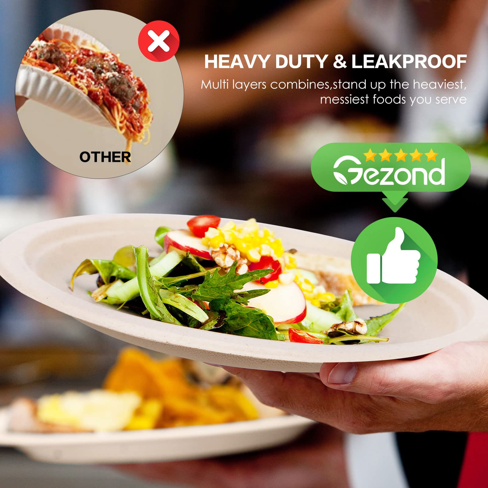 Gezond Compostable Paper Plates 7 Inch, 125pcs Disposable Heavy-Duty Plates Unbleached Biodegradable Plate Made of Sugarcane Fiber