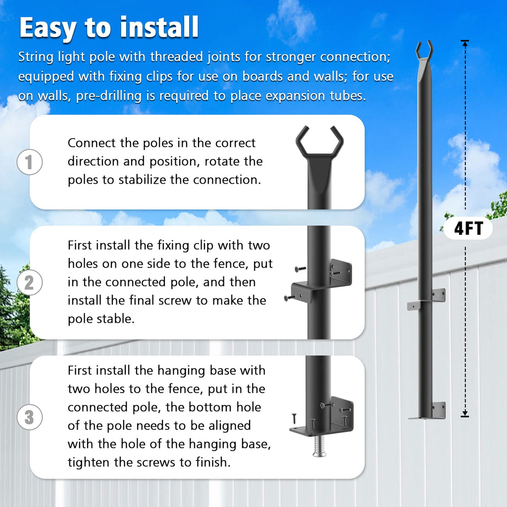Beizelte 5FT String Light Poles 2Pack,Hanging Light Poles for Outside String Lights,with Fixing Clips and Suspended Base,Freestanding Outdoor Light Poles for Deck Bistro (2 Pack)