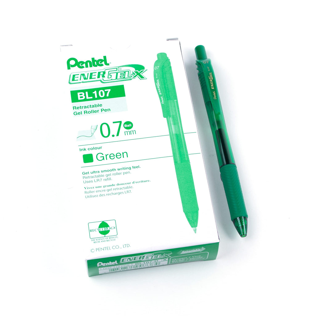 Pentel EnerGel X Retractable Liquid Gel Rollerball Pen, Everyday Use, Office Supplies, School Supplies, 0.7mm Medium Point, Green Ink, BL107-D, Box Of 12