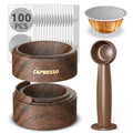 Reusable Vertuo Pod Refill Kit for Nespresso: Reusable Vertuo Capsule for Nespresso/Coffee Pods Vertuoline with 100 Aluminum Foil Lids for Any Size of Vertuo Plus Espresso Pod- Wood Grain Holder