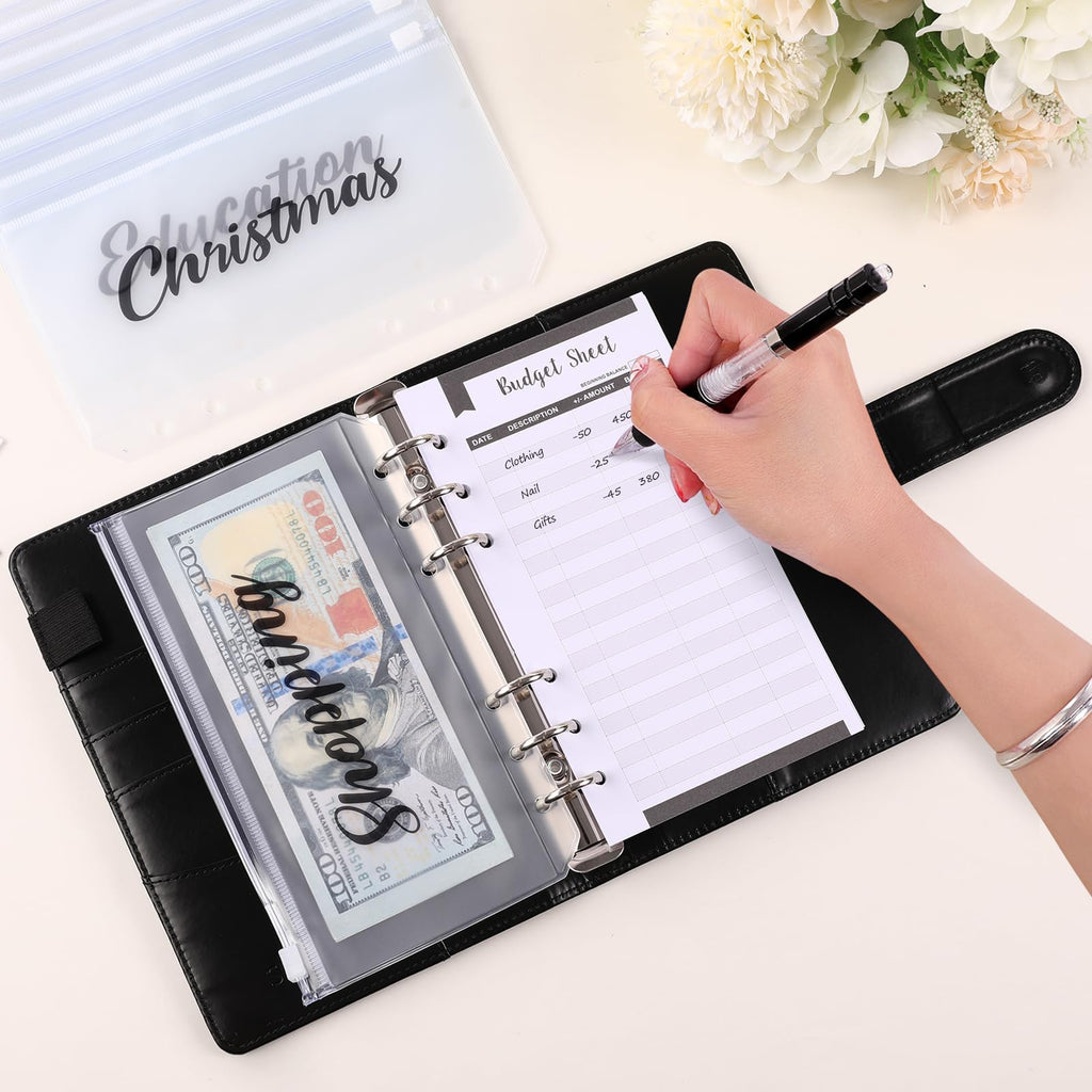 SKYDUE A6 Budget Binder with 8pcs Zipper Envelopes, Money Organizer for Cash with 12pcs Expense Budget Sheets & 24 Blak Sticky Labels, Budget Book with Cash Envelopes (Golden Black)