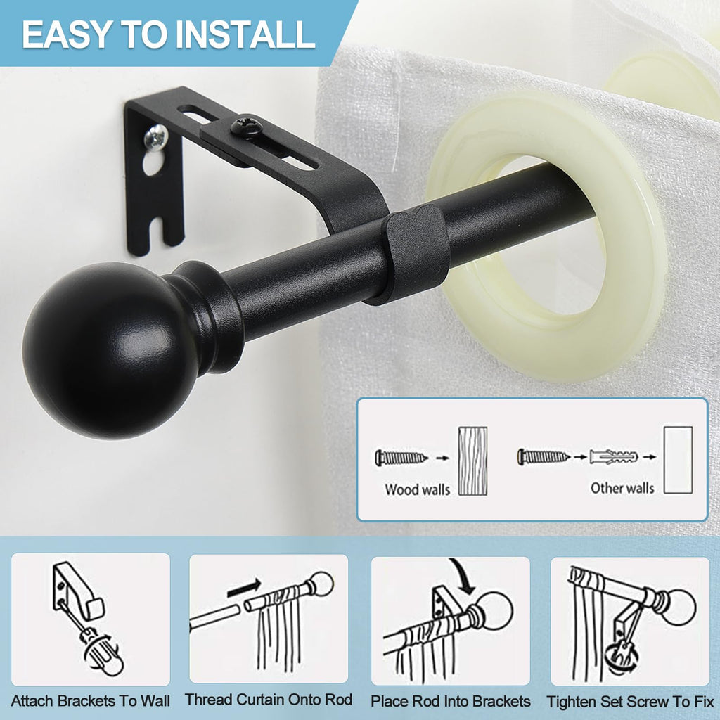 2 Pack Curtain Rods for Windows 28 to 48 Inch, 5/8 Inch Small Matte Black Curtain Rod For Bathroom, Living room, Kitchen(size：28-52 Inch)