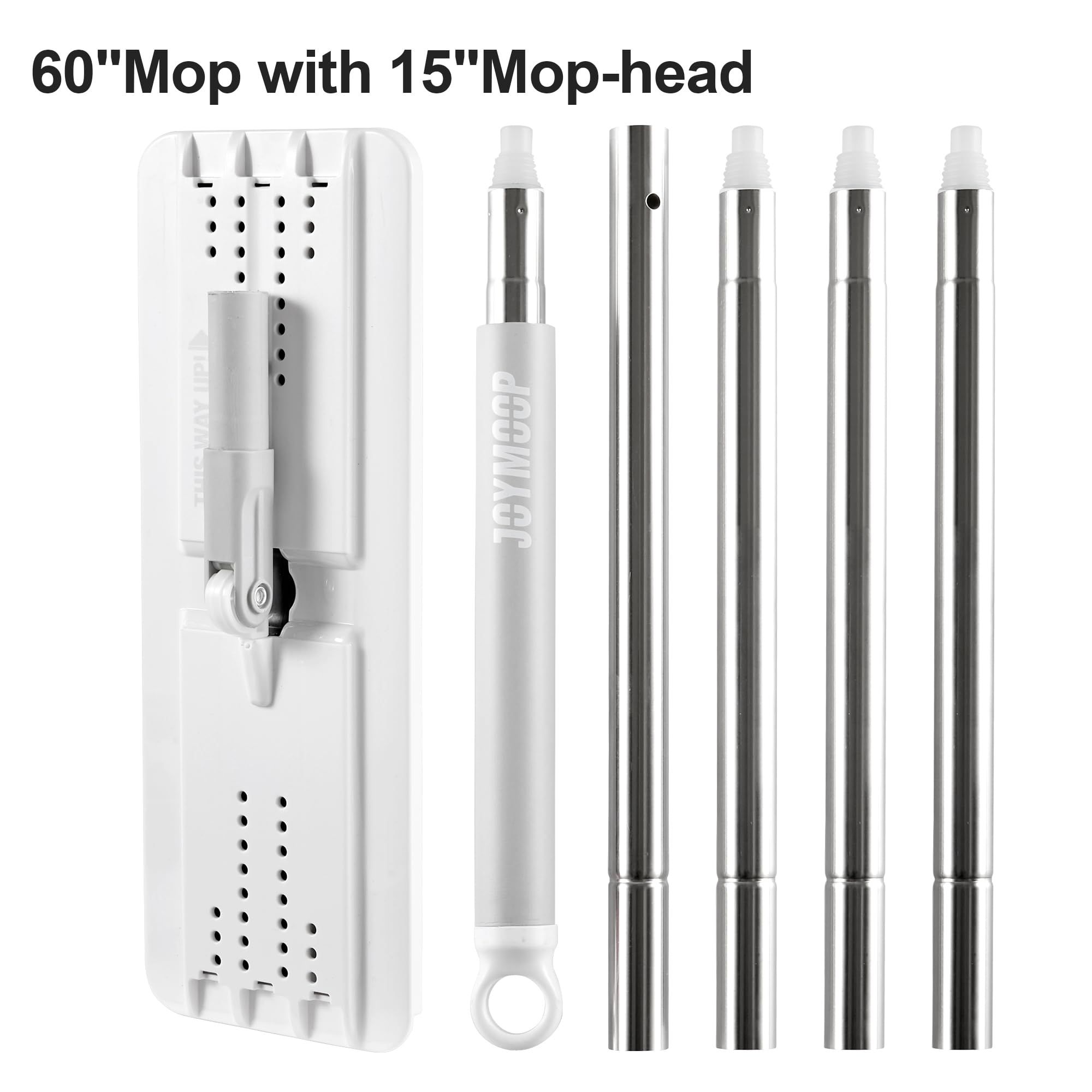 JOYMOOP Flat Mop, Microfiber Mop for Floor Cleaning and Long Handle Wall Cleaner, 60" Mop Handle with Flexible 15" Flat Head with a Microfiber Mop Pad - White