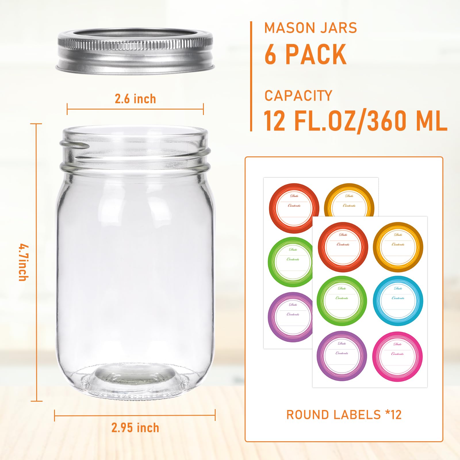 Jinaneil 6 Pack 12 oz Regular Mouth Mason Jars with Silver Lids and Bands, Bonus 6 One-Piece Lids -Glass Canning Jars for Pickling, Canning, Meal Prep