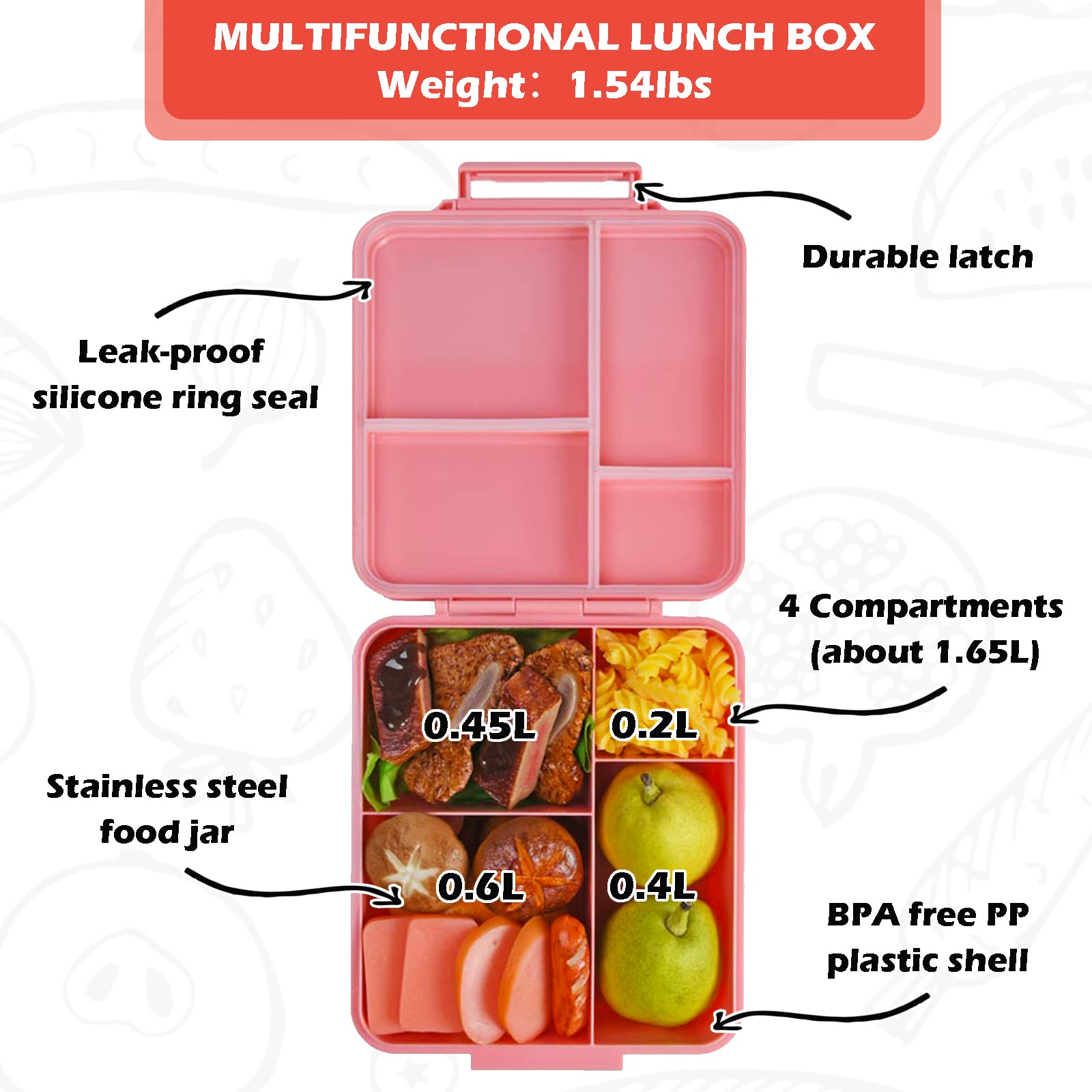 WAKSOX Bento Lunch Box Lunch Containers 4 Compartments with Soup Thermos for Hot and Cold Food Jar/Spoon/Lunch Bag Insulated Leak Proof for Girls