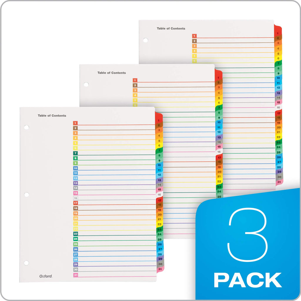 Oxford 1-31 Tab Dividers for 3 Ring Binders, Numbered Tab Dividers, Multicolor Numbered Binder Dividers, 3 Sets (89402)