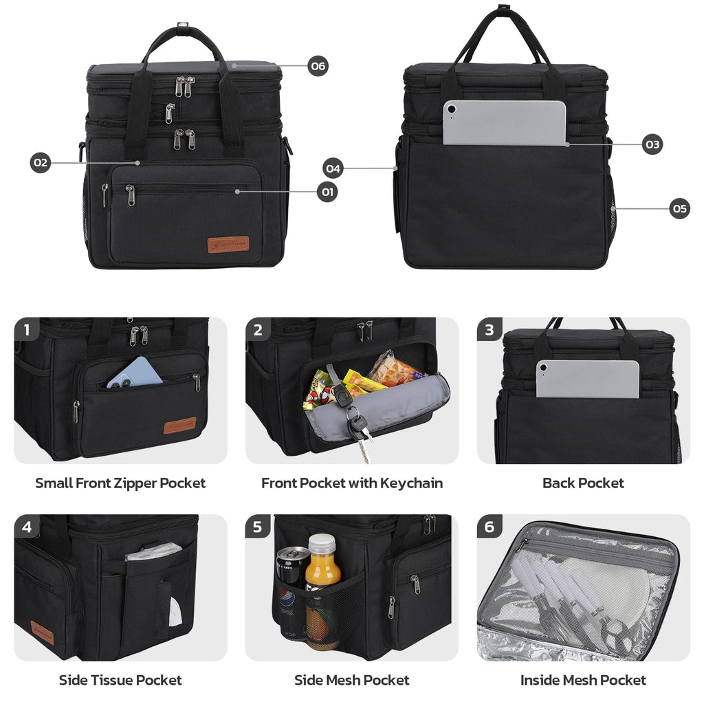 Maelstrom Lunch Bag Women,23L Insulated Lunch Box for Men Women,Expandable Double Deck Cooler Bag,Lightweight Leakproof Tote Bag with Side Tissue Pocket (Black)
