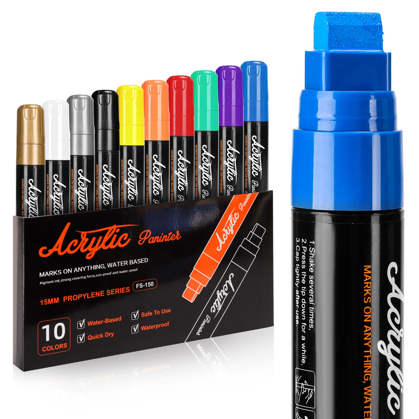 15mm Jumbo Arcylic Markers Paint Pen, 10 Colors Thick Wide Tip Water Based for Rock Painting, Poster, Glass, Wood, Sign, Canvas, Metal, Wall Painting for Artists and Adults