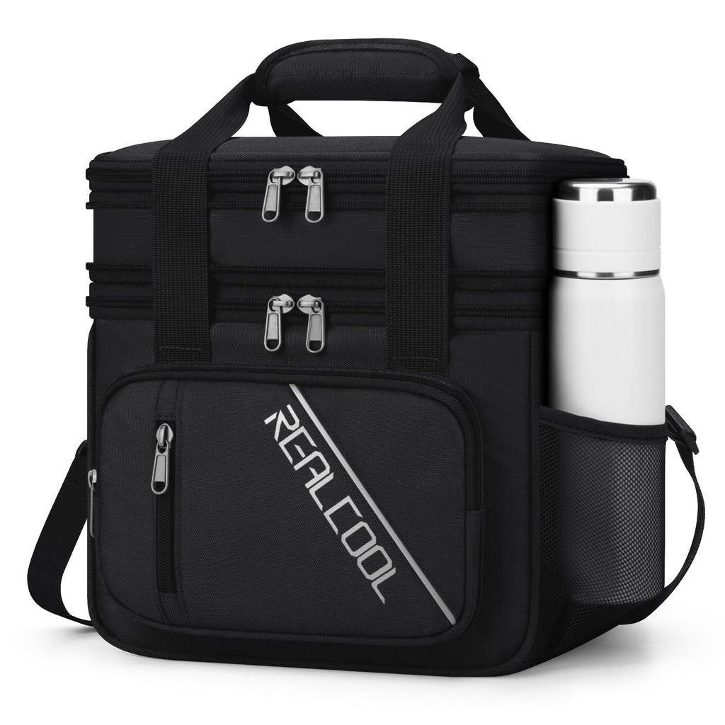 RealCool Lunch Bag, 15L Insulated Lunch Box for Men Women, Double Deck Leakproof Soft Cooler Bag with Adjustable Strap, Reusable Lunchbox for Work, Travel, Camping, Black