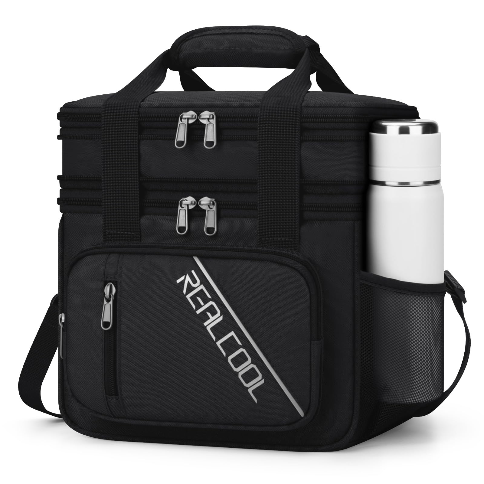 RealCool Lunch Bag, 15L Insulated Lunch Box for Men Women, Double Deck Leakproof Soft Cooler Bag with Adjustable Strap, Reusable Lunchbox for Work, Travel, Camping, Black