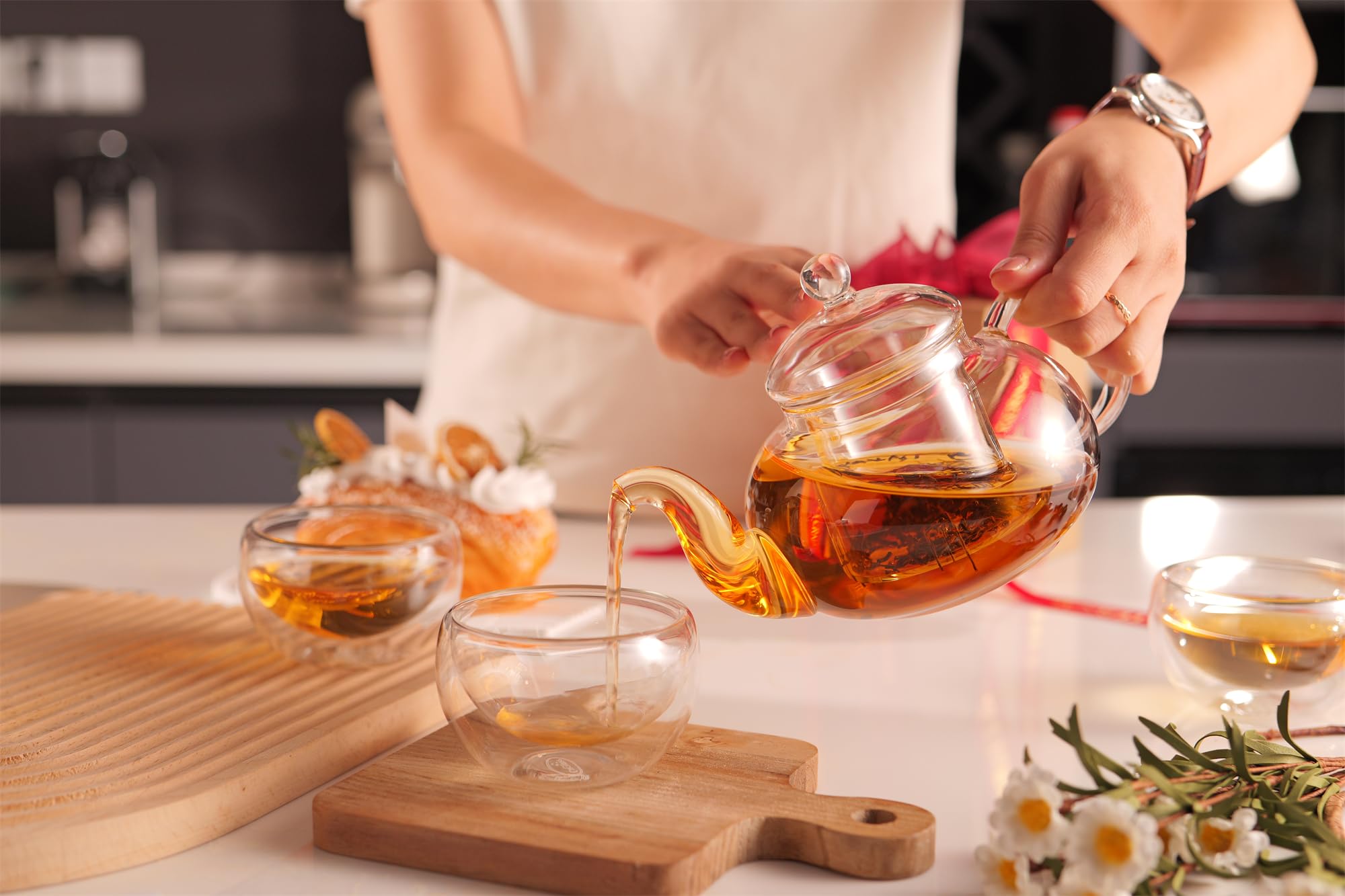 CnGlass Glass Teapot Stovetop Safe,Clear Teapot with Removable Infuser 20.3 oz,Loose Leaf and Blooming Tea Maker